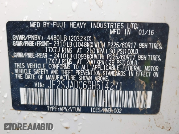 2016 Subaru Forester Premium with VIN JF2SJADC6GH514271, listed as a IAAI auction lot 42007756 with 146,301 mi miles and . Bid and sale history available at carsss.com. Image 9.