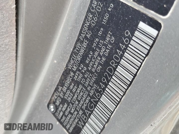 2002 BMW 7 Series 745Li with VIN WBAGN63492DR04469, listed as a Copart auction lot 59688915 with Not provided miles and Clean title. Bid and sale history available at DreamBid. Image 12.