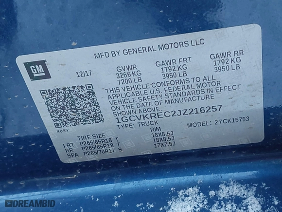 2018 Chevrolet Silverado 1500 LT with VIN 1GCVKREC2JZ216257, listed as a IAAI auction lot 41525909 with 75,614 mi miles. Bid and sale history available at carsss.com. Image 9.