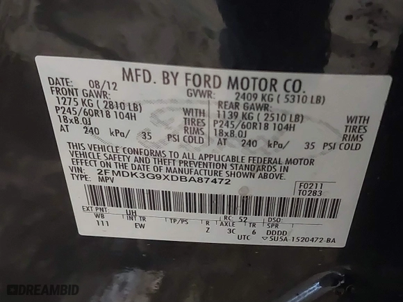 2013 Ford Edge SE with VIN 2FMDK3G9XDBA87472, listed as a IAAI auction lot 41872665 with 124,743 mi miles. Bid and sale history available at carsss.com. Image 9.