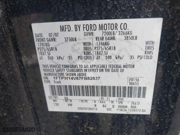 2007 Ford F-150 XLT with VIN 1FTPW14V87FB82837, listed as a IAAI auction lot 41910816 with 185,224 mi miles. Bid and sale history available at carsss.com. Image 9.