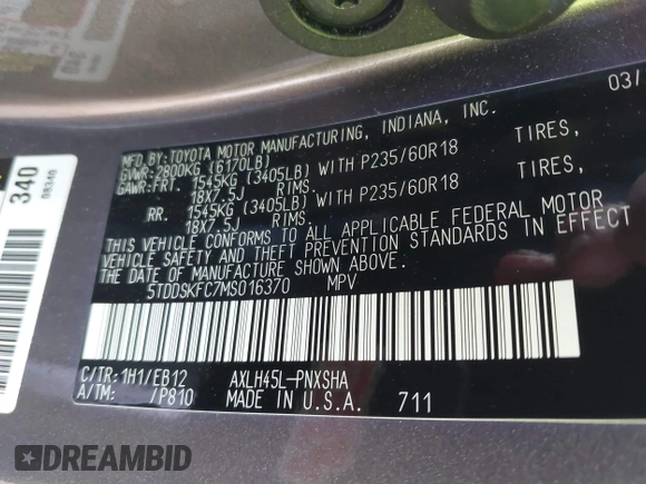 2021 Toyota Sienna XSE with VIN 5TDDSKFC7MS016370, listed as a IAAI auction lot 42381152 with 25,656 mi miles and . Bid and sale history available at DreamBid. Image 9.