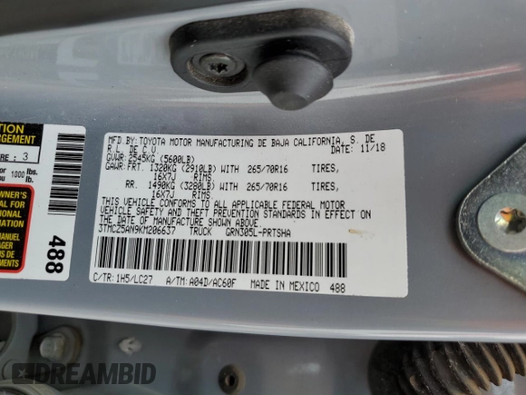 2019 Toyota Tacoma SR z VIN 3TMCZ5AN9KM206637, wystawiony jako Copart lot #48753665 z przebiegiem 88 864 mil mil oraz Szkoda całkowita • Salvage title. Historia ofert i sprzedaży dostępna na DreamBid. Obrazek 13.