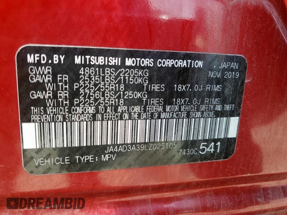 2020 Mitsubishi Outlander SE with VIN JA4AD3A39LZ025105, listed as a Copart auction lot 58227805 with 110,660 mi miles and Clean title. Bid and sale history available at DreamBid. Image 13.