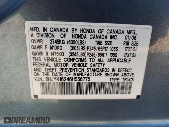 2006 Honda Ridgeline RT with VIN 2HJYK16246H556775, listed as a Copart auction lot 76258324 with 242,241 mi miles and Salvage Title. Bid and sale history available at carsss.com. Image 12.
