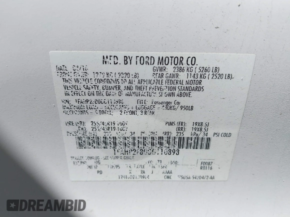 2016 Ford Taurus Limited with VIN 1FAHP2F80GG110898, listed as a IAAI auction lot 41808251 with 95,318 mi miles and . Bid and sale history available at DreamBid. Image 9.