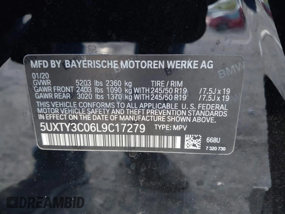 2020 BMW X3 sDrive30i with VIN 5UXTY3C06L9C17279, listed as a IAAI auction lot 41524271 with 38,401 mi miles and . Bid and sale history available at DreamBid. Image 9.