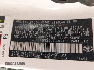 2012 Toyota Camry L with VIN 4T1BF1FK0CU593941, listed as a IAAI auction lot 41880560 with 126,658 mi miles. Bid and sale history available at carsss.com. Image 9.
