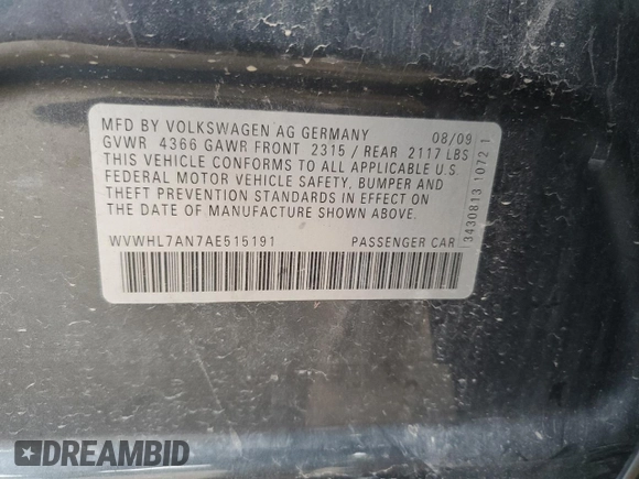 2010 Volkswagen CC Luxury z VIN WVWHL7AN7AE515191, wystawiony jako Copart lot #75497694 z przebiegiem 112 559 mil mil oraz Szkoda całkowita • Salvage title. Historia ofert i sprzedaży dostępna na DreamBid. Obrazek 12.
