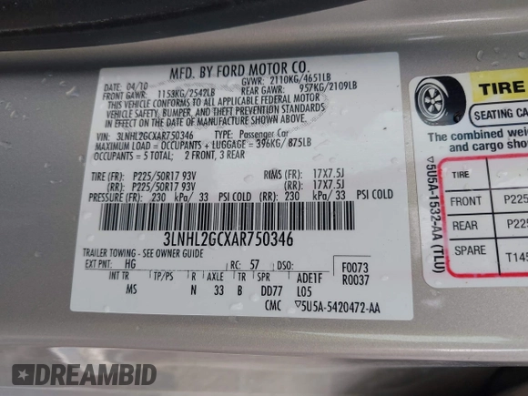 2010 Lincoln MKZ z VIN 3LNHL2GCXAR750346, wystawiony jako IAAI lot #42182751 z przebiegiem 119 104 mil mil oraz . Historia ofert i sprzedaży dostępna na DreamBid. Obrazek 9.