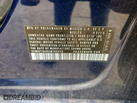 2012 Volkswagen Jetta SE with VIN 3VWBP7AJ8CM390929, listed as a Copart auction lot 59700685 with 169,141 mi miles and Clean title. Bid and sale history available at DreamBid. Image 12.