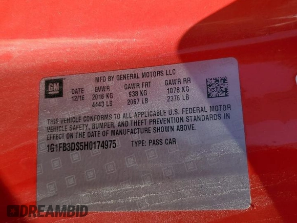 2017 Chevrolet Camaro 1LT with VIN 1G1FB3DS5H0174975, listed as a Copart auction lot 45291085 with 69,461 mi miles and Salvage Title. Bid and sale history available at carsss.com. Image 12.