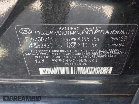 2014 Hyundai Sonata SE with VIN 5NPEC4AC2EH892551, listed as a IAAI auction lot 42016536 with 134,043 mi miles and . Bid and sale history available at DreamBid. Image 9.