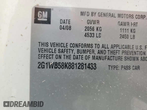 2008 Chevrolet Impala LS z VIN 2G1WB58K881281433, wystawiony jako Copart lot #50436855 z przebiegiem Nie podano mil oraz Szkoda całkowita • Salvage title. Historia ofert i sprzedaży dostępna na DreamBid. Obrazek 13.