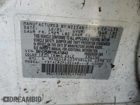 2022 Nissan Kicks S with VIN 3N1CP5BV1NL474843, listed as a Copart auction lot 42575535 with Not Provided miles and Non Repairable. Bid and sale history available at DreamBid. Image 12.