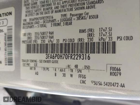 2015 Ford Fusion SE with VIN 3FA6P0H70FR229316, listed as a IAAI auction lot 42081286 with 185,294 mi miles and . Bid and sale history available at DreamBid. Image 9.