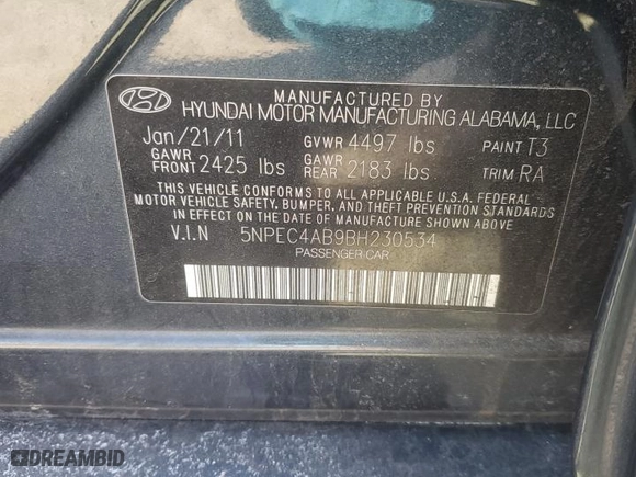 2011 Hyundai Sonata SE with VIN 5NPEC4AB9BH230534, listed as a Copart auction lot 45972185 with 151,481 mi miles and Salvage Title. Bid and sale history available at carsss.com. Image 12.