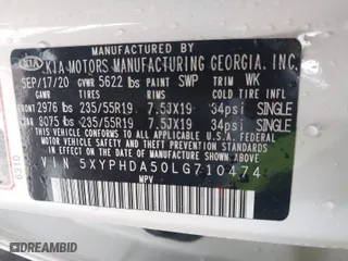 2020 Kia Sorento EX V6 with VIN 5XYPHDA50LG710474, listed as a IAAI auction lot 41639432 with 133,800 mi miles. Bid and sale history available at carsss.com. Image 9.