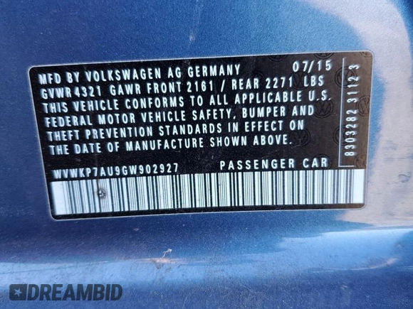 2016 Volkswagen Golf SE с VIN WVWKP7AU9GW902927, выставлен на аукционе Copart как лот 55606815 с пробегом 72 994 миль миль и Списание • Salvage title. История ставок и продаж доступна на DreamBid. Изображение 12.