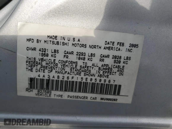 2005 Mitsubishi Galant DE with VIN 4A3AB26F15E050967, listed as a Copart auction lot 82584514 with 156,398 mi miles and Salvage Title. Bid and sale history available at carsss.com. Image 12.