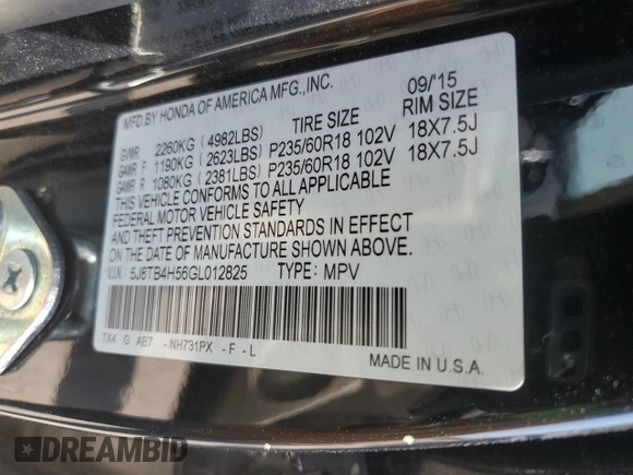 2016 Acura RDX Technology with VIN 5J8TB4H56GL012825, listed as a Copart auction lot 61005445 with 129,242 mi miles and Salvage title. Bid and sale history available at DreamBid. Image 13.