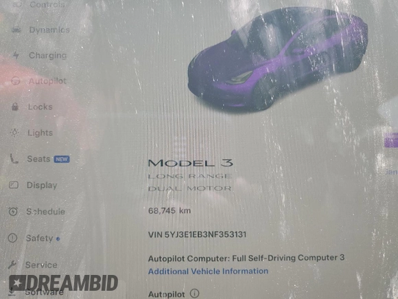 2022 Tesla Model 3 Long Range with VIN 5YJ3E1EB3NF353131, listed as a Copart auction lot 52582025 with 68,745 mi miles and Salvage Title. Bid and sale history available at carsss.com. Image 9.