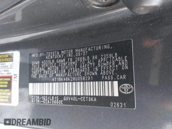 2008 Toyota Camry LE with VIN 4T1BK46K28U058291, listed as a IAAI auction lot 41665635 with 226,168 mi miles. Bid and sale history available at carsss.com. Image 9.