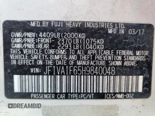 2017 Subaru WRX Premium with VIN JF1VA1F65H9840048, listed as a Copart auction lot 57729145 with 105,724 mi miles and Salvage title. Bid and sale history available at DreamBid. Image 13.