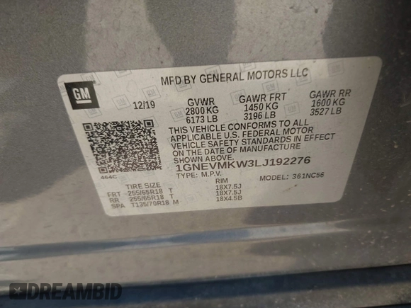 2020 Chevrolet Traverse LT Cloth with VIN 1GNEVMKW3LJ192276, listed as a IAAI auction lot 41537557 with 114,740 mi miles and . Bid and sale history available at DreamBid. Image 9.