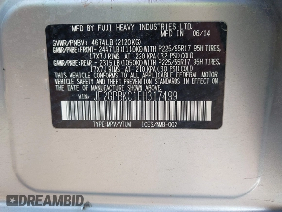 2014 Subaru Crosstrek Touring with VIN JF2GPBKC1EH317499, listed as a IAAI auction lot 42451943 with 112,048 mi miles and . Bid and sale history available at DreamBid. Image 9.