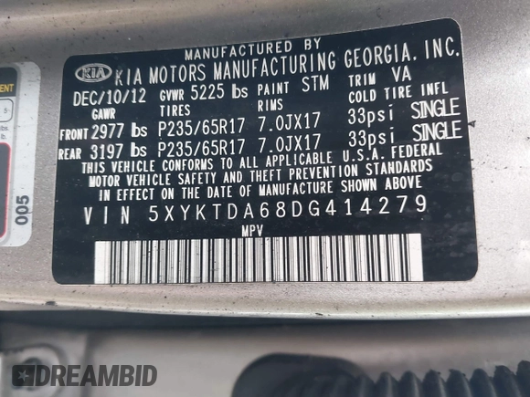2013 Kia Sorento LX with VIN 5XYKTDA68DG414279, listed as a IAAI auction lot 41819043 with 1 mi miles. Bid and sale history available at carsss.com. Image 9.