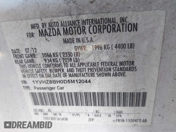 2013 Mazda 6 i Sport with VIN 1YVHZ8BH0D5M12044, listed as a IAAI auction lot 41752366 with 201,979 mi miles. Bid and sale history available at carsss.com. Image 9.
