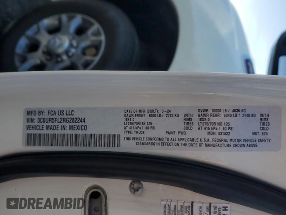 2024 Ram 2500 Laramie with VIN 3C6UR5FL2RG282244, listed as a Copart auction lot 54852815 with 19,361 mi miles and Clean title. Bid and sale history available at DreamBid. Image 12.