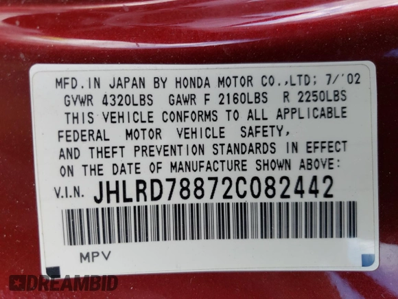 2002 Honda CR-V EX with VIN JHLRD78872C082442, listed as a Copart auction lot 42456945 with 154,848 mi miles and Salvage Title. Bid and sale history available at DreamBid. Image 13.