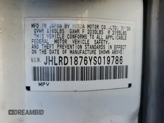 2000 Honda CR-V SE z VIN JHLRD1876YS019786, wystawiony jako Copart lot #88793865 z przebiegiem 168 507 mil mil oraz Szkoda całkowita • Salvage title. Historia ofert i sprzedaży dostępna na DreamBid. Obrazek 13.