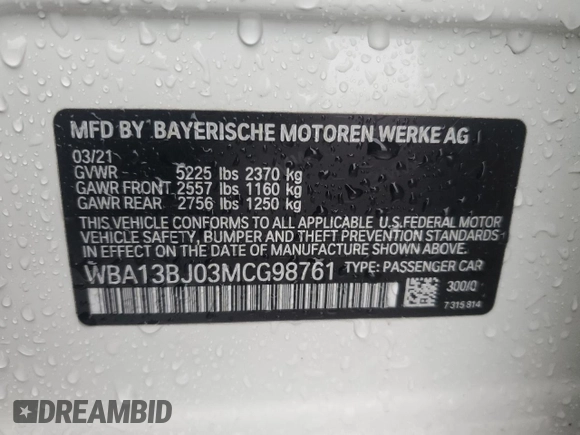 2021 BMW 5 Series 530i xDrive z VIN WBA13BJ03MCG98761, wystawiony jako Copart lot #56557135 z przebiegiem Nie podano mil oraz Szkoda całkowita • Salvage title. Historia ofert i sprzedaży dostępna na DreamBid. Obrazek 12.
