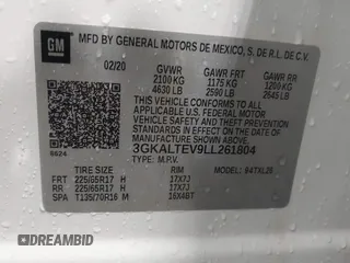 2020 GMC Terrain SLE with VIN 3GKALTEV9LL261804, listed as a IAAI auction lot 42256965 with 43,625 mi miles and . Bid and sale history available at DreamBid. Image 9.