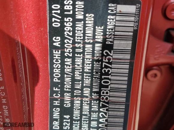 2011 Porsche Panamera with VIN WP0AA2A78BL013752, listed as a Copart auction lot 46829025 with 54,099 mi miles and Salvage Title. Bid and sale history available at carsss.com. Image 10.