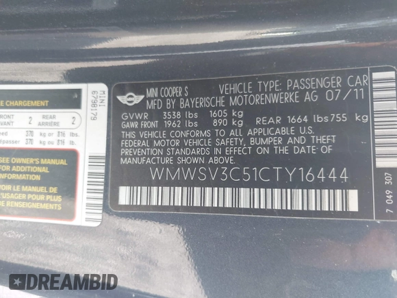 2012 MINI Hardtop S z VIN WMWSV3C51CTY16444, wystawiony jako IAAI lot #41934230 z przebiegiem 122 261 mil mil oraz . Historia ofert i sprzedaży dostępna na DreamBid. Obrazek 9.