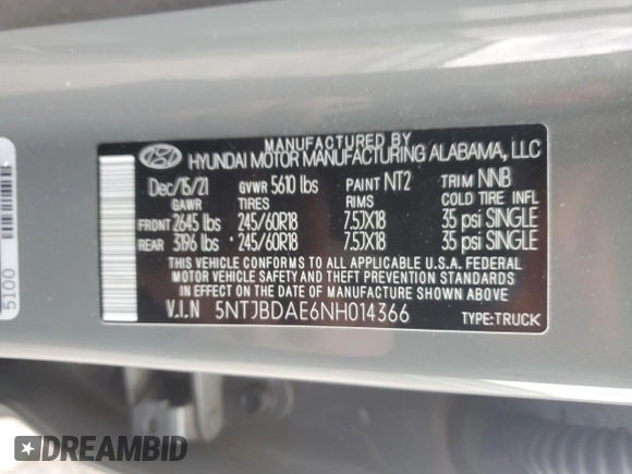 2022 Hyundai Santa Cruz SEL with VIN 5NTJBDAE6NH014366, listed as a Copart auction lot 41673205 with 39,730 mi miles and Salvage Title. Bid and sale history available at carsss.com. Image 12.