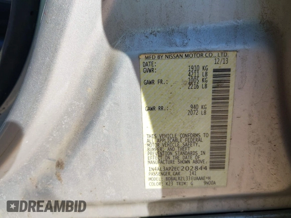 2014 Nissan Altima SV with VIN 1N4AL3AP2EC202844, listed as a IAAI auction lot 41880925 with 115,563 mi miles and . Bid and sale history available at carsss.com. Image 9.