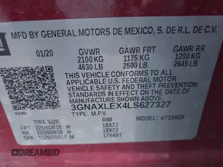 2020 Chevrolet Equinox LT with VIN 3GNAXLEX4LS627327, listed as a IAAI auction lot 41632204 with 93,549 mi miles. Bid and sale history available at carsss.com. Image 9.