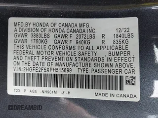 2023 Honda Civic Sport with VIN 2HGFE2F5XPH515699, listed as a IAAI auction lot 42441217 with 44,595 mi miles and . Bid and sale history available at DreamBid. Image 9.