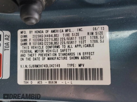 2013 Honda CR-V EX-L with VIN 5J6RM3H74DL042149, listed as a Copart auction lot 51733115 with 197,198 mi miles and Salvage Title. Bid and sale history available at DreamBid. Image 13.