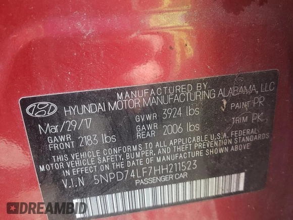 2017 Hyundai Elantra SE z VIN 5NPD74LF7HH211523, wystawiony jako Copart lot #54155405 z przebiegiem Nie podano mil oraz Szkoda całkowita • Salvage title. Historia ofert i sprzedaży dostępna na DreamBid. Obrazek 12.