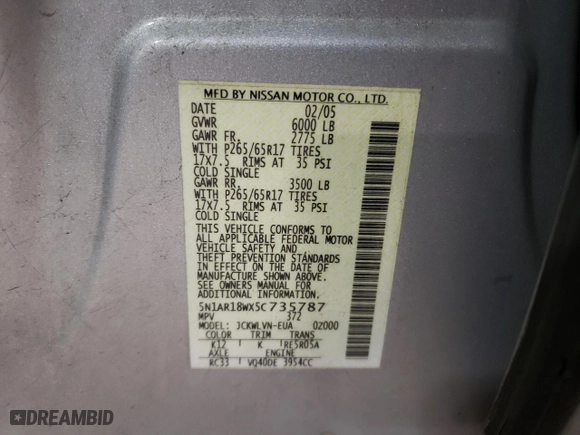 2005 Nissan Pathfinder LE with VIN 5N1AR18WX5C735787, listed as a Copart auction lot 50202575 with 188,965 mi miles and Salvage Title. Bid and sale history available at carsss.com. Image 15.
