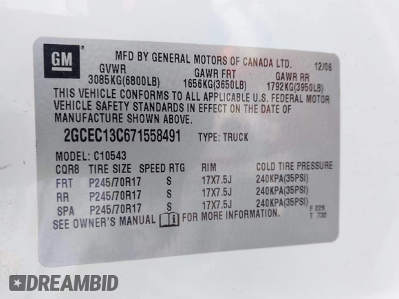 2007 Chevrolet Silverado 1500 Work Truck with VIN 2GCEC13C671558491, listed as a IAAI auction lot 41365136 with 135,260 mi miles and . Bid and sale history available at DreamBid. Image 9.