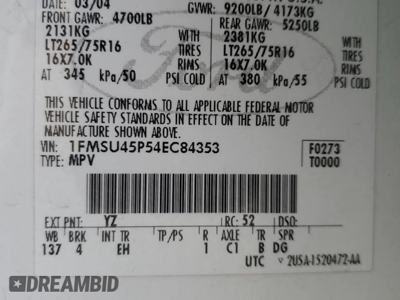 2004 Ford Excursion Eddie Bauer z VIN 1FMSU45P54EC84353, wystawiony jako Copart lot #41508425 z przebiegiem 290 224 mil mil oraz Szkoda całkowita • Salvage title. Historia ofert i sprzedaży dostępna na DreamBid. Obrazek 14.