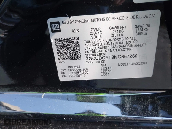 2022 Chevrolet Silverado 1500 Custom Trail Boss with VIN 3GCUDCET3NG657260, listed as a IAAI auction lot 40961987 with 51,631 mi miles and . Bid and sale history available at DreamBid. Image 9.