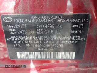 2011 Hyundai Sonata GLS with VIN 5NPEB4AC2BH262298, listed as a IAAI auction lot 42216291 with 192,333 mi miles and . Bid and sale history available at carsss.com. Image 9.